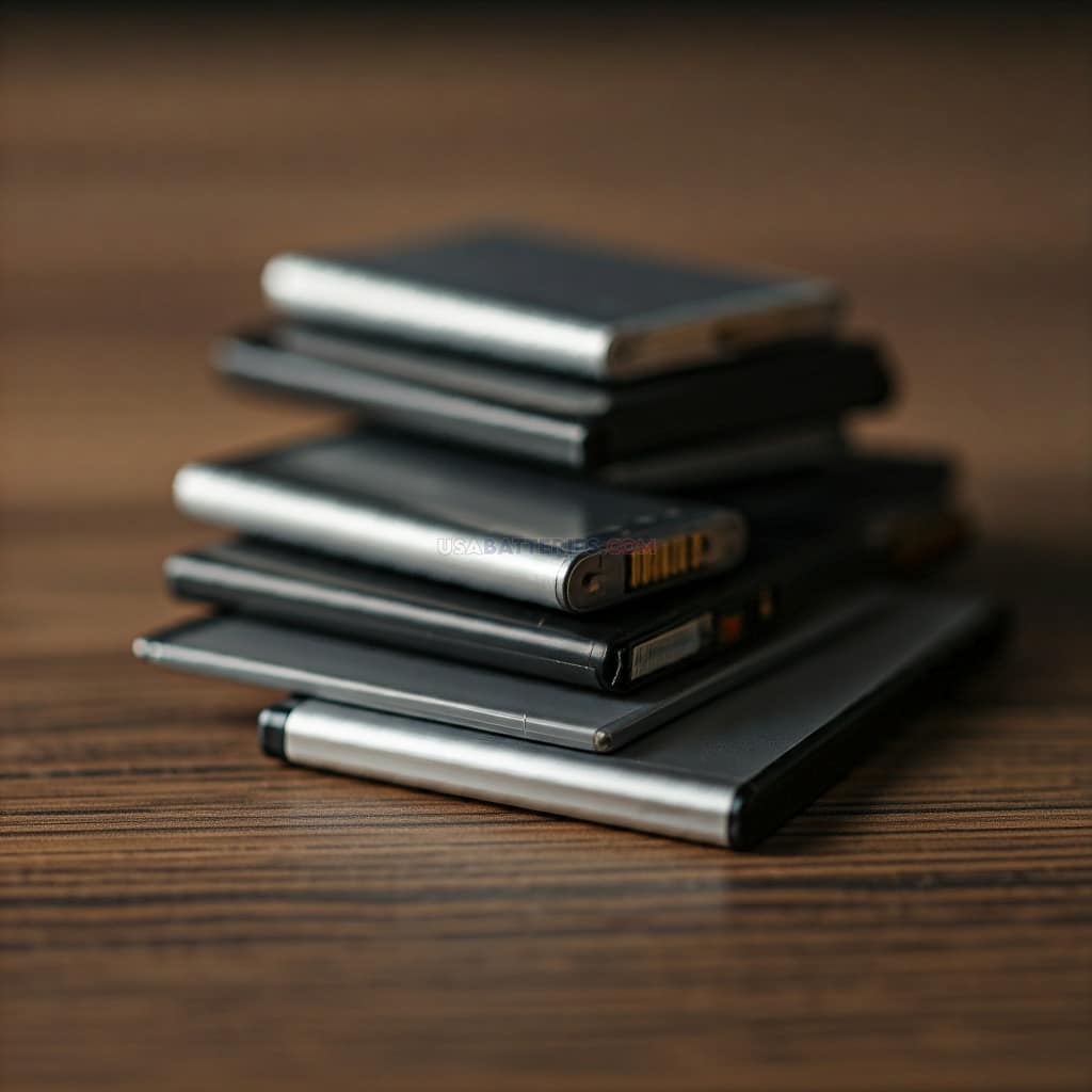various mobile phone batteries in a stack